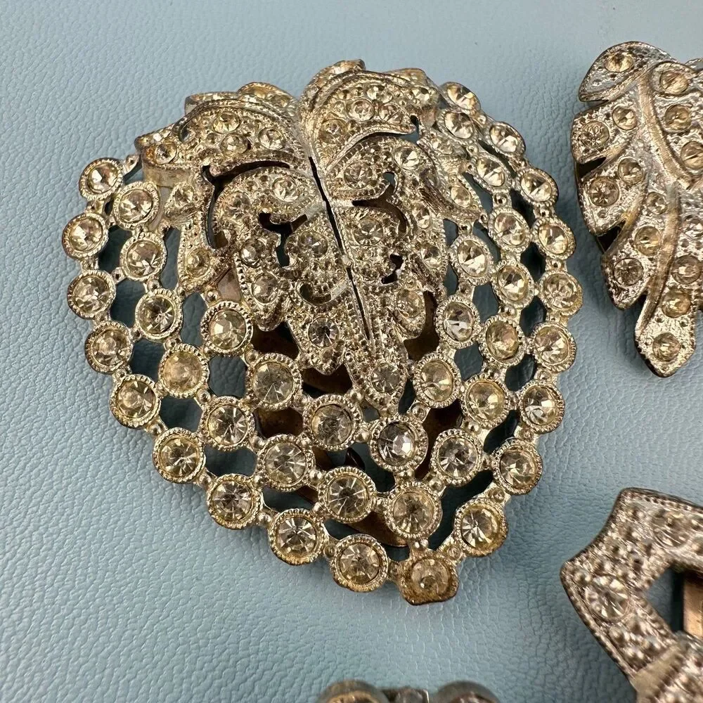 Vintage Rhinestone Dress Fur Clip Lot Silver Tone Art Deco Floral Some Pot Metal